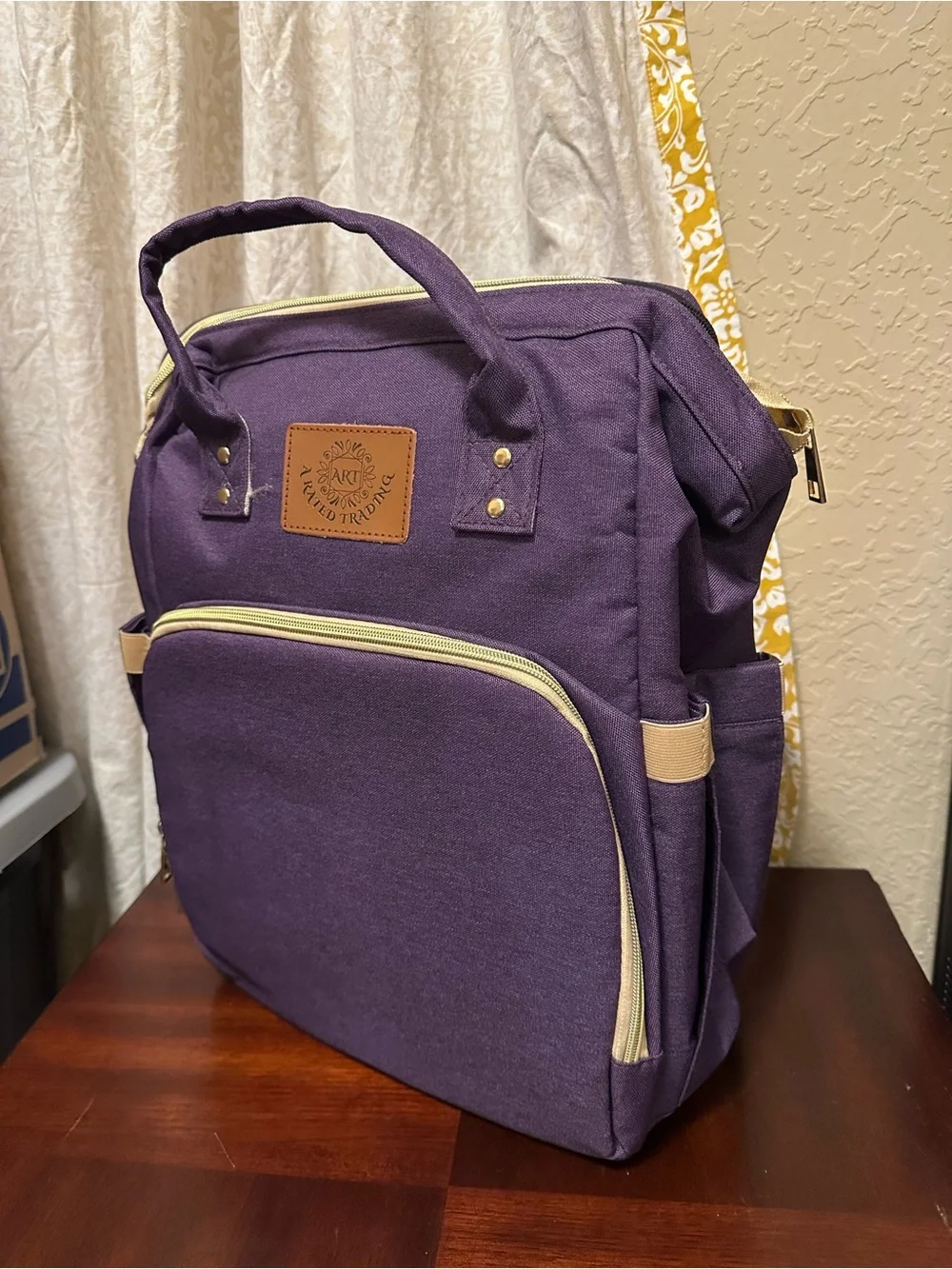 Purple Canvas Multi purpose Baby diaper Bag Backpack with Beige Trim